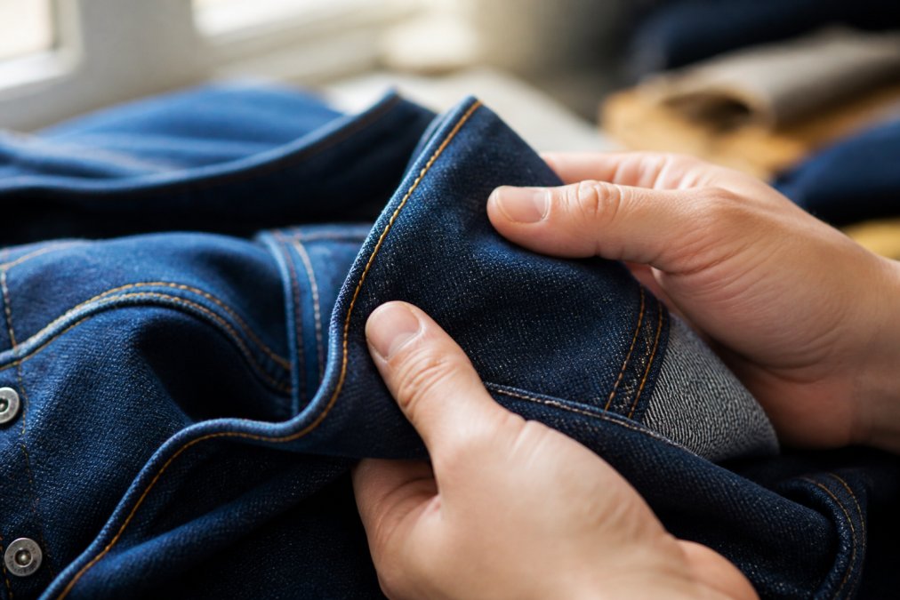 Close-up of hands examining the thick denim fabric and stitching of a premium pair of jeans, showing the texture and quality of the material in soft natural window light