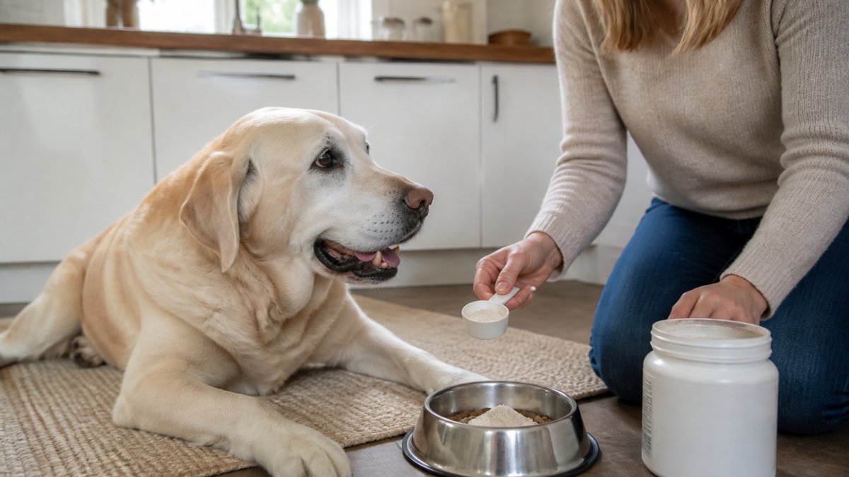 A large senior Labrador lying on a rug in a bright kitchen while an owner measures a scoop of joint supplement powder into its food bowl, with the product tub on the counter beside them