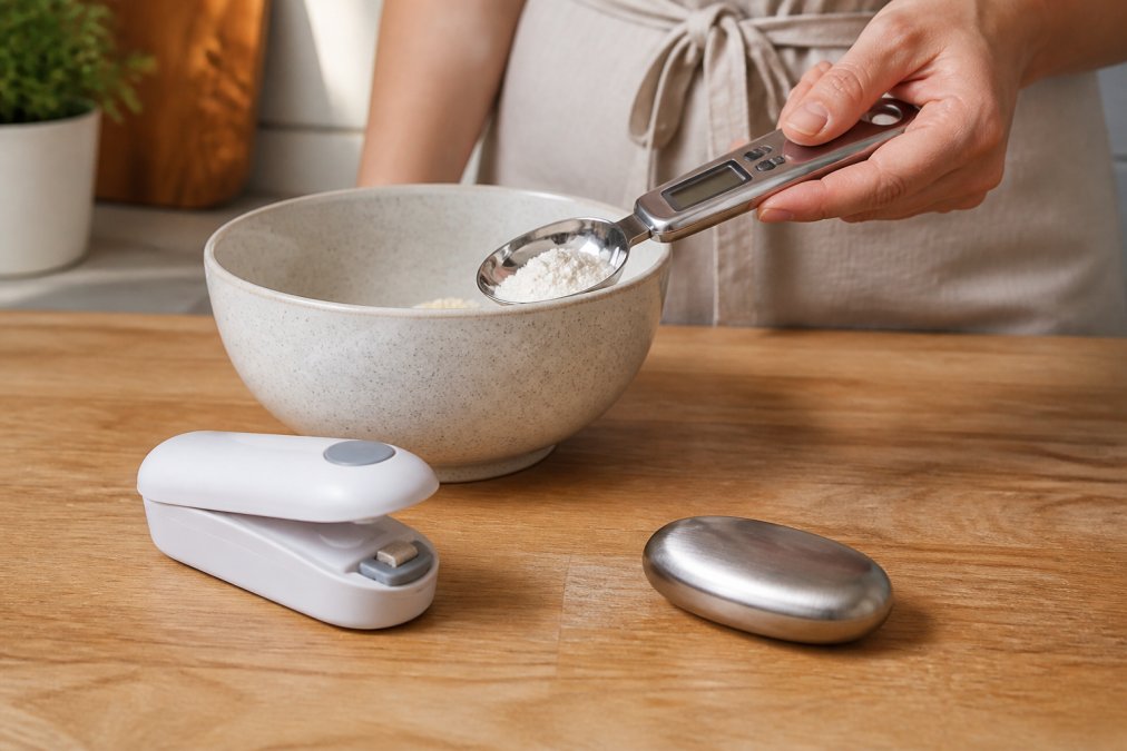 Hand holding a digital measuring spoon over a mixing bowl with a heat sealer and steel soap bar on a worktop.