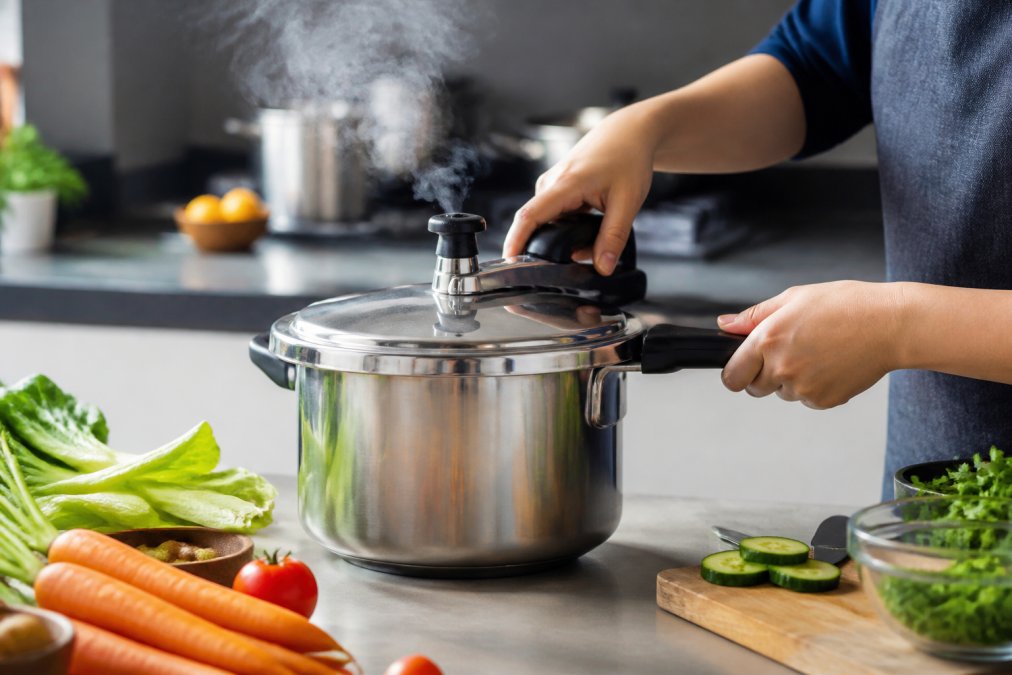 Hands using a premium stainless steel pressure cooker with visible quality construction, steam rising from the valve, surrounded by fresh ingredients on a clean countertop