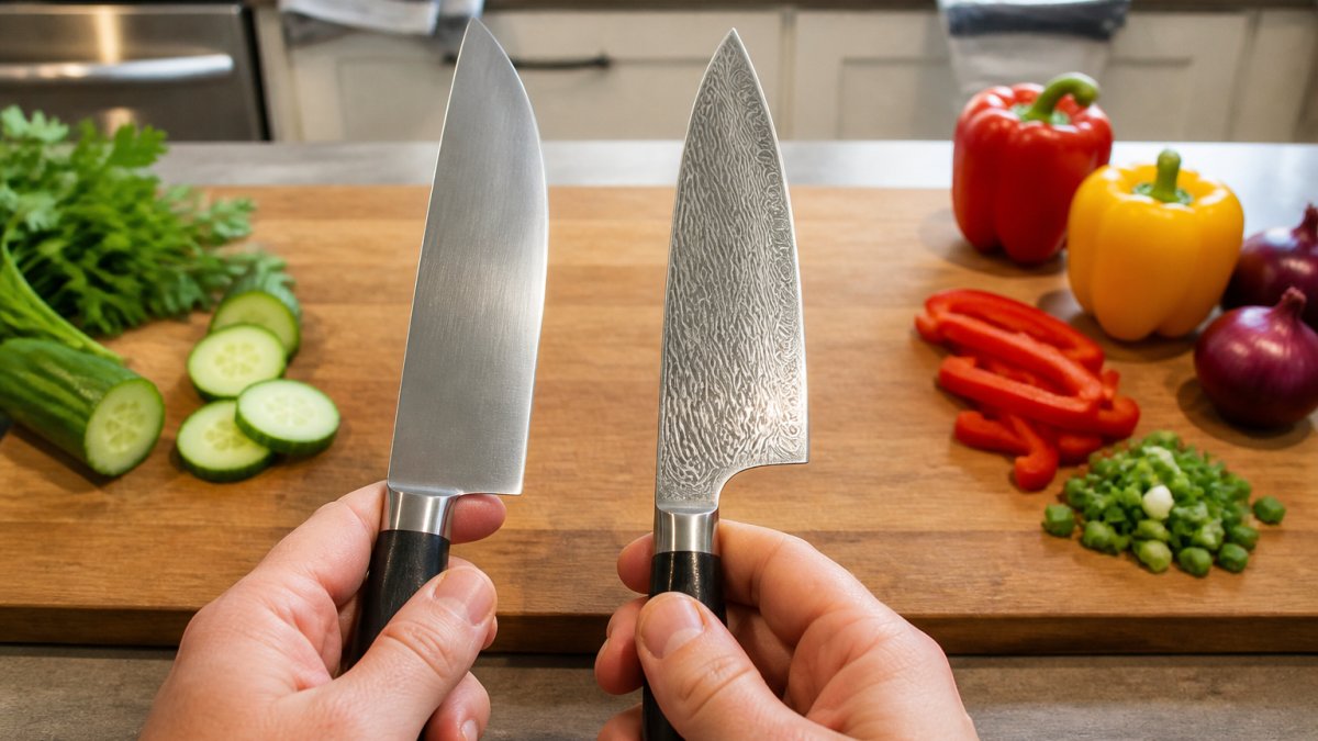 A home cook's hands holding two kitchen knives side by side over a wooden cutting board, one plain stainless steel blade and one Damascus-patterned blade, in a bright kitchen with chopped vegetables nearby