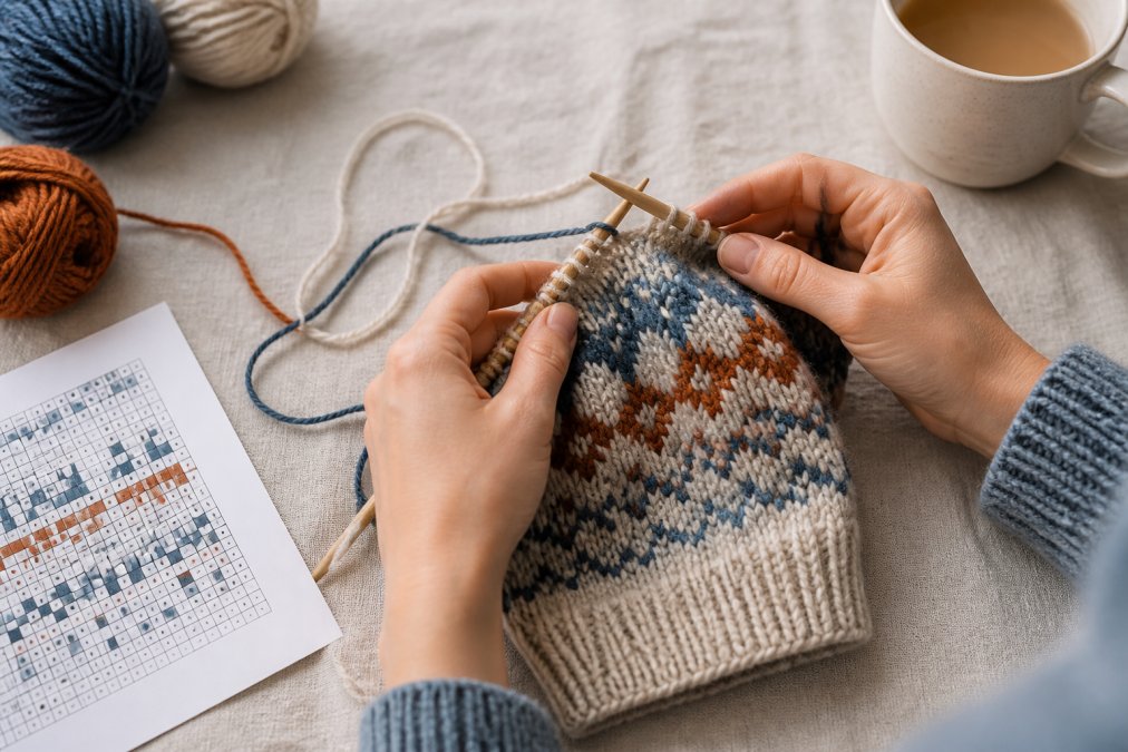 A knitter's hands in soft daylight working a stranded colorwork beanie in three colors, wooden needles, a printed chart resting on a linen surface beside a mug of tea