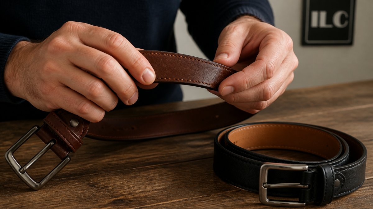 Close-up of a man's hands inspecting the edge and stitching of a brown leather belt on a wooden table, with a second belt lying nearby for comparison