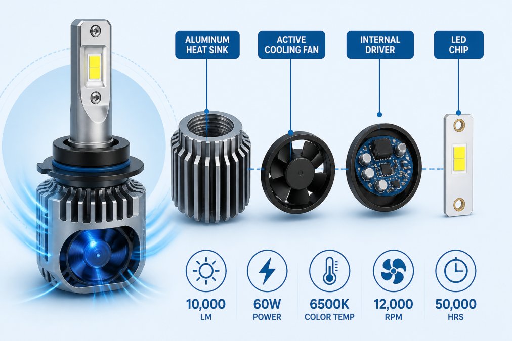 Close-up of an automotive LED bulb assembly showing aluminum heat sink with active cooling fan, internal driver components, and semiconductor chip against a dark background with soft studio lighting