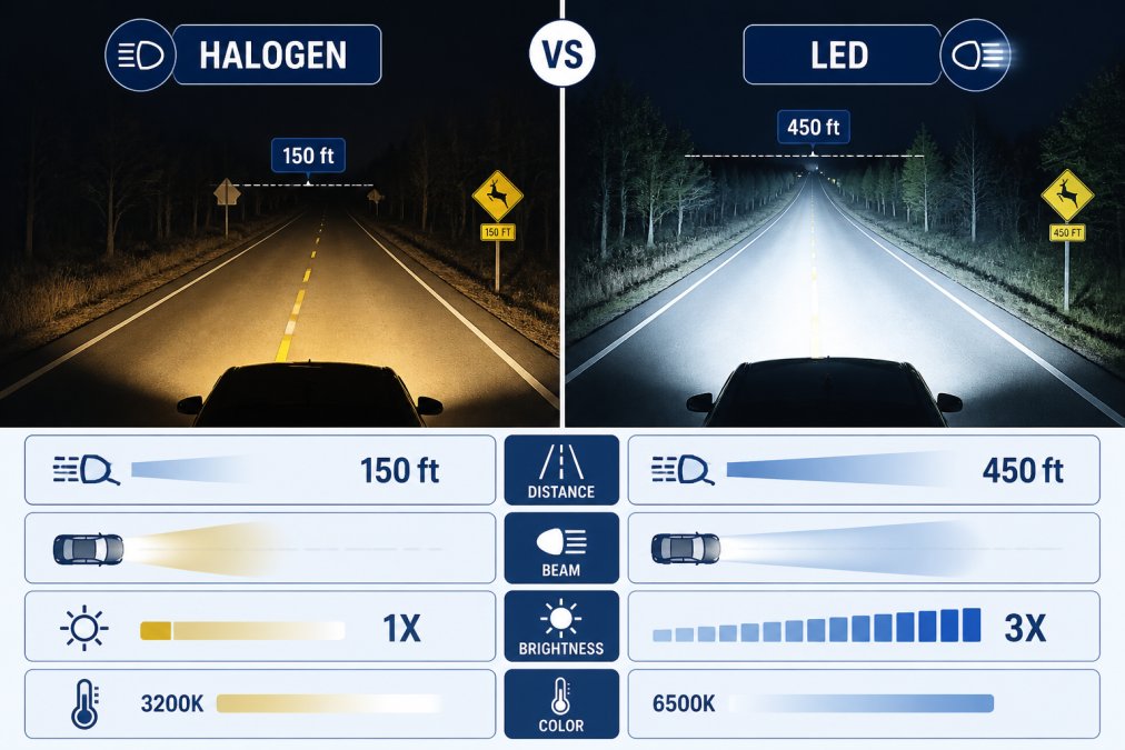 Side-by-side nighttime photograph of a vehicle's headlights: one side illuminated with warm yellowish halogen light, the other side with bright cool white LED light, showing the contrast in road visibility, beam pattern intensity, and how far each light reaches down the road
