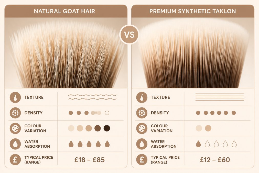 Close-up of natural goat hair and premium synthetic taklon bristles displayed side by side under soft studio lighting, showing texture, density, and colour differences