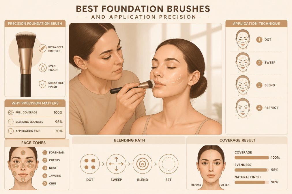 Professional makeup artist demonstrating seamless foundation application technique with a precision brush on a model's face in natural daylight, showing blending motion and full coverage