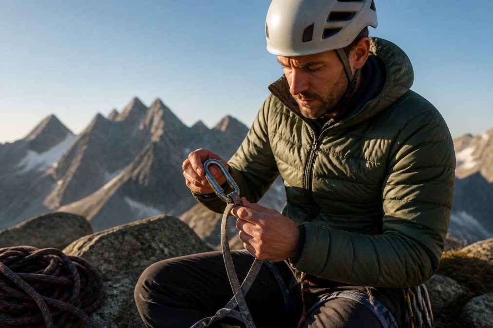 A climber in a helmet and harness inspecting a metal carabiner and nylon webbing sling on a rocky ledge, morning light catching the hardware, mountains blurred in the background
