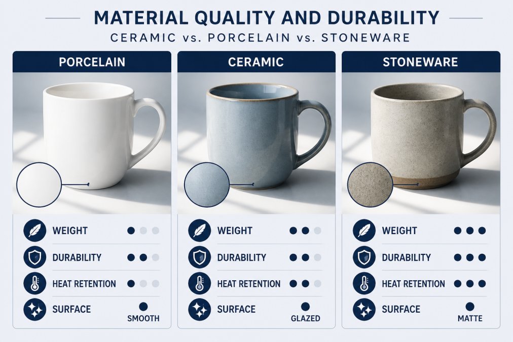 Close-up of three different mugs arranged side by side showing texture differences between smooth white porcelain, glazed ceramic with slight sheen, and textured matte stoneware surfaces under natural light