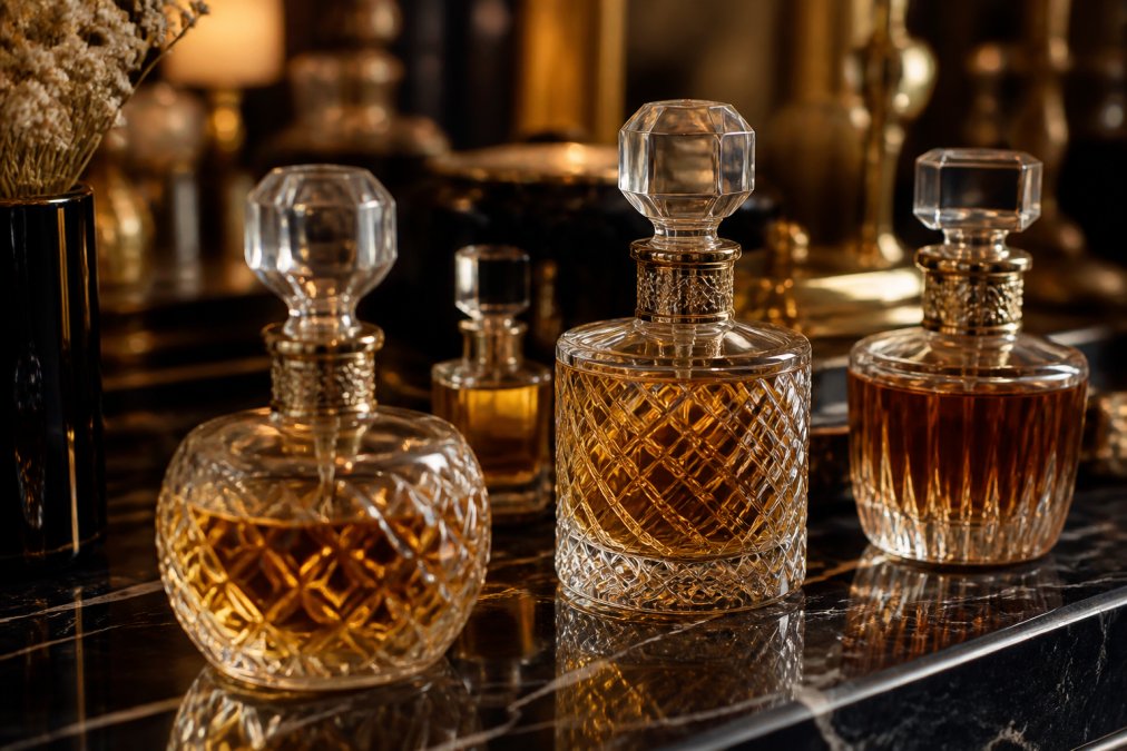Close-up of elegantly arranged perfume bottles on a luxury surface with soft warm lighting highlighting the glass craftsmanship and personalized engraving details