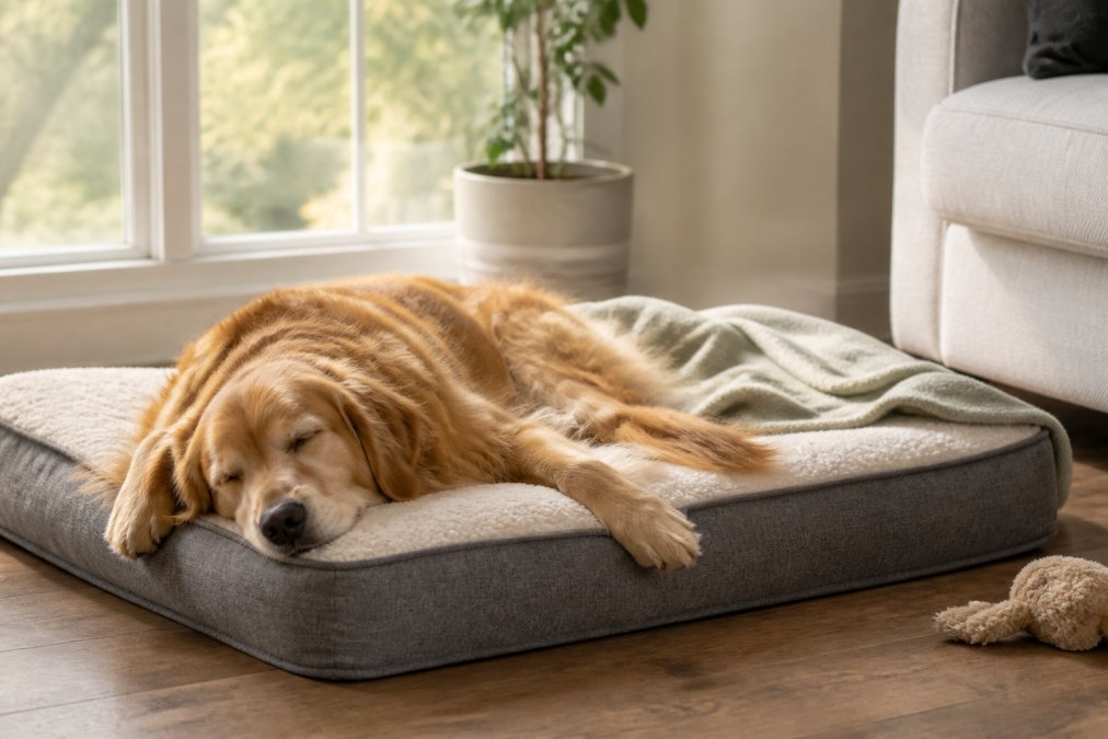 A senior golden retriever sleeping peacefully on a thick orthopedic bed in a bright living room, with a soft blanket nearby and natural light coming through a window