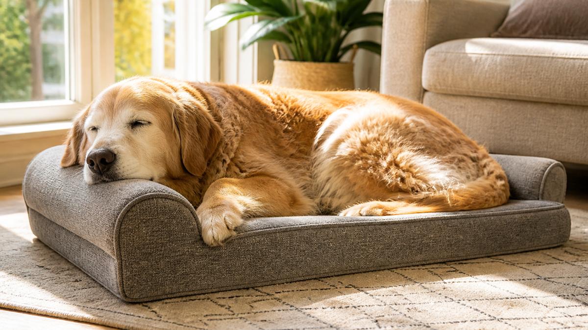 An older golden retriever resting peacefully on a supportive orthopedic bed in a sunlit living room, showing visible relaxation and contentment with proper body support