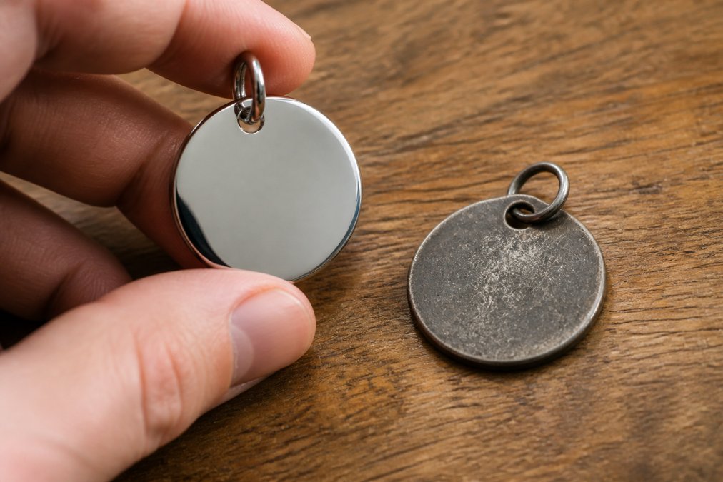 Close-up of a person's hand holding a polished stainless steel pet tag next to a faded, scratched older tag on a wooden table, warm natural lighting