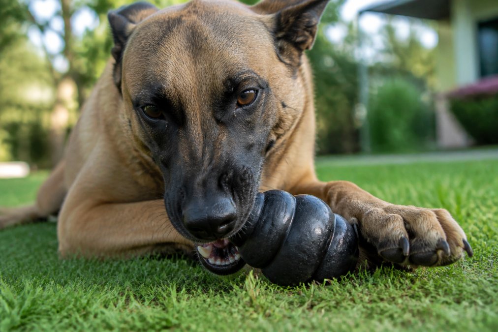 Close-up of a large dog actively chewing on a durable rubber toy, showing intense focus and engagement during play in bright natural daylight