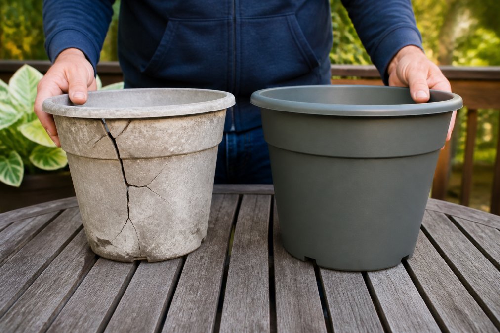 Comparison diagram showing durability differences between plastic and polypropylene expensive planters