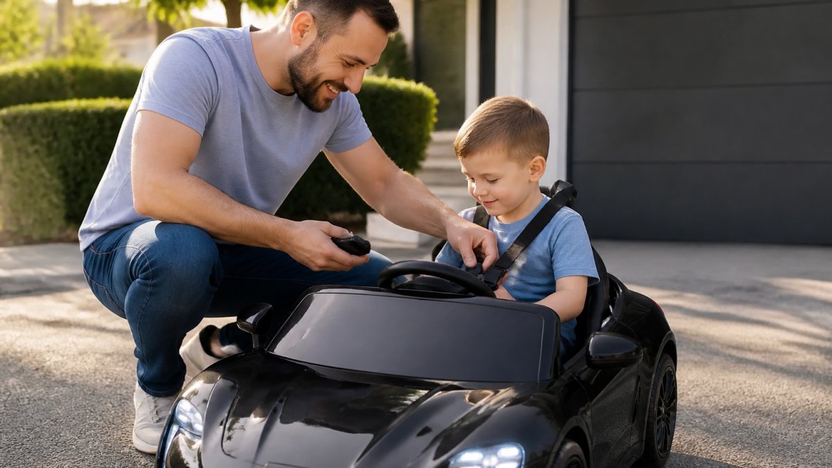 Parent fastening the seatbelt of a child in an electric car while holding a remote on a sunny driveway