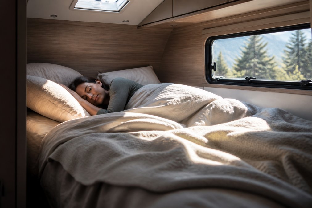 Person sleeping comfortably in a sunlit camper