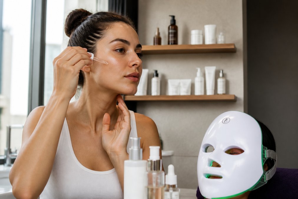 Woman applying serum to face in a bright bathroom, with skincare products arranged neatly on a shelf in the background