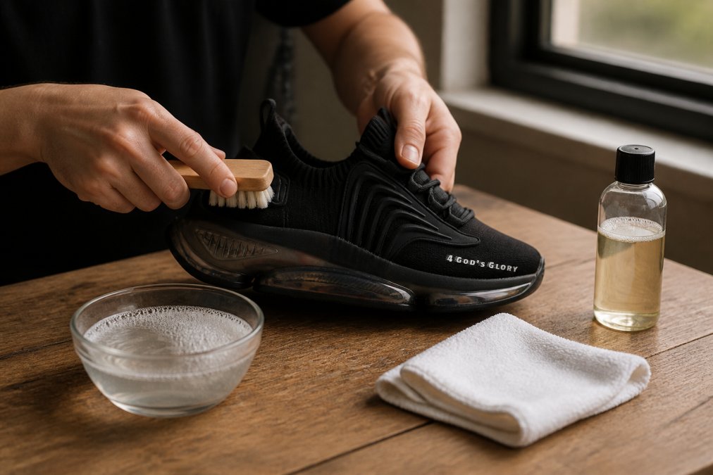 Person's hands cleaning white Air Max sneakers with soft-bristled brush and cloth on wooden work table, with cleaning supplies including mild soap and water bowl nearby, natural window lighting