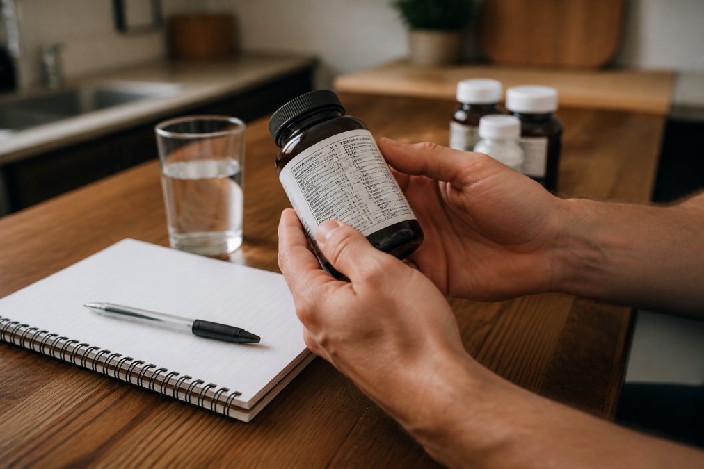 Person examining the ingredient label on a bottle of expensive supplements at a kitchen counter