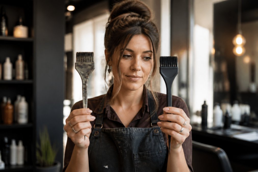 Comparison chart showing the physical condition of worn versus new hair coloring brushes in a salon studio