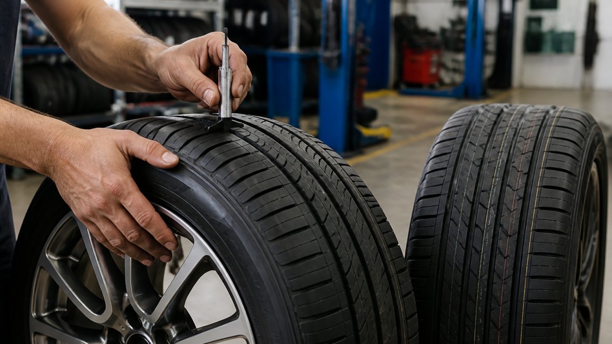 Technician using a tread depth gauge on a new all-season tire in a professional automotive shop bay