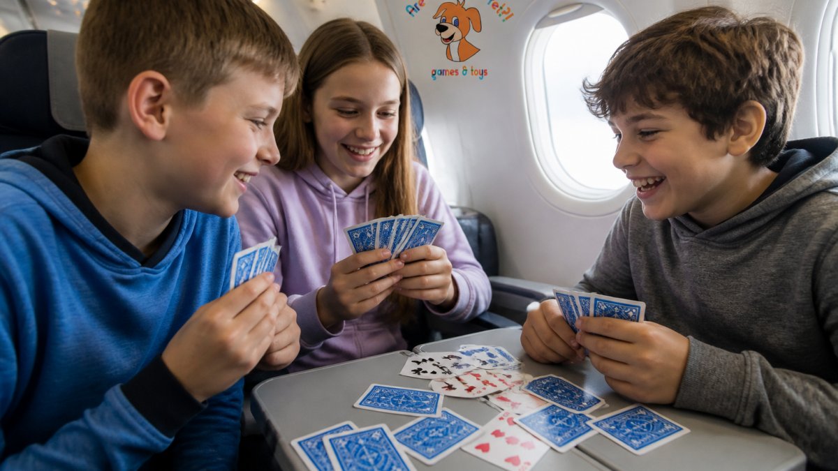 Three children playing cards together in an airplane cabin with cards spread on a small tray table, genuine smiles and engagement visible, natural cabin lighting