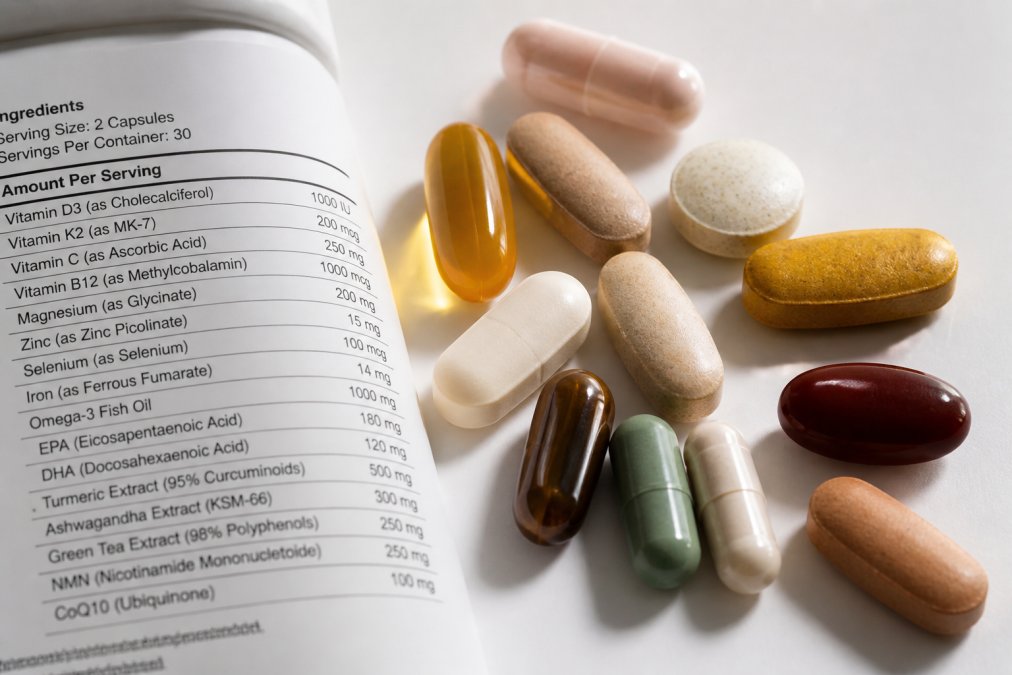 Close-up of several supplement capsules and tablets in different colours arranged on a clean white surface next to a printed ingredient label, with soft natural light highlighting the texture of each capsule