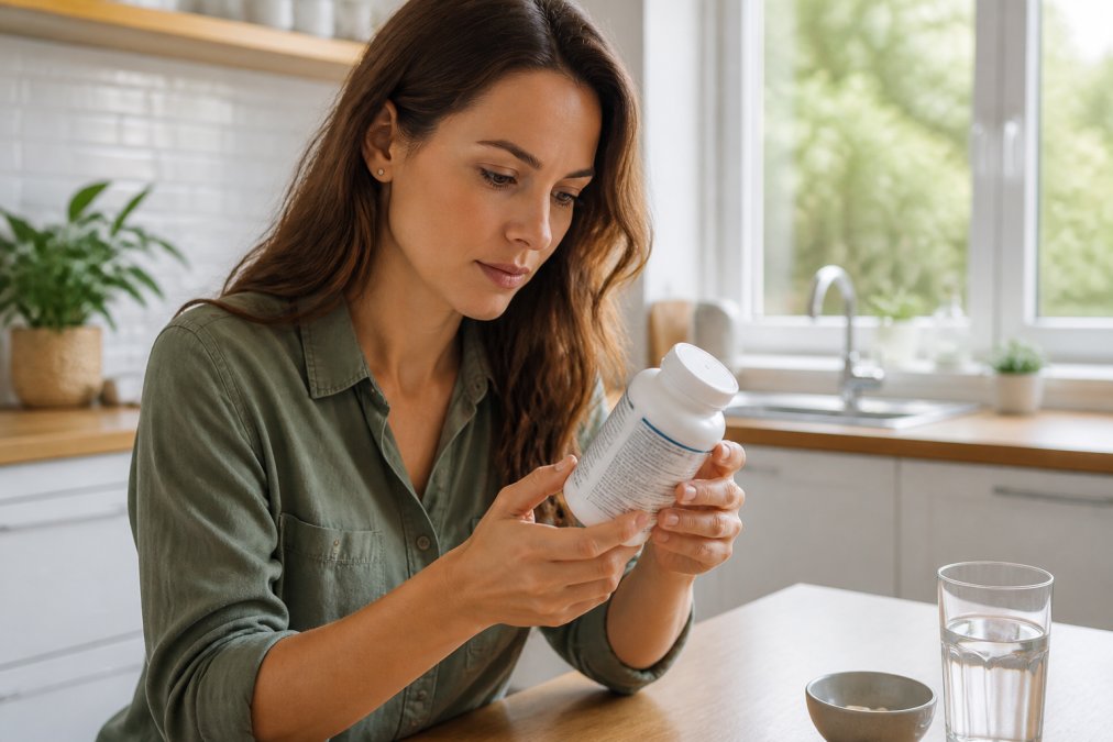 Person holding a white supplement bottle and reading the back label carefully in a bright kitchen, natural daylight coming through a window, focus on the label and the reader's attentive expression