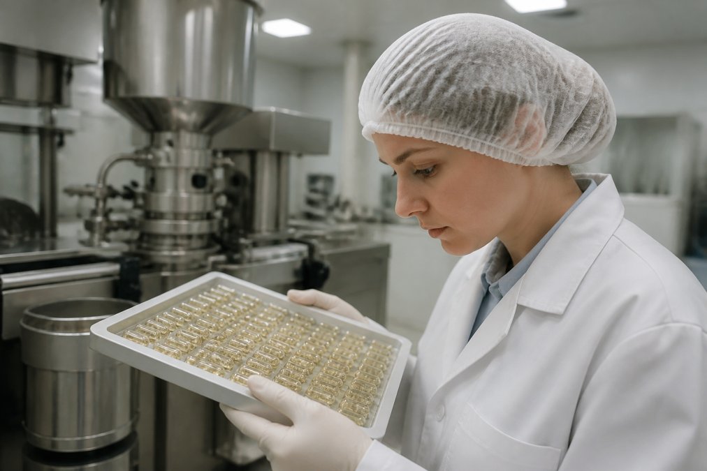 A close-up of a quality control scientist in a white lab coat, hairnet and gloves inspecting a tray of clear supplement capsules in a bright, modern manufacturing facility
