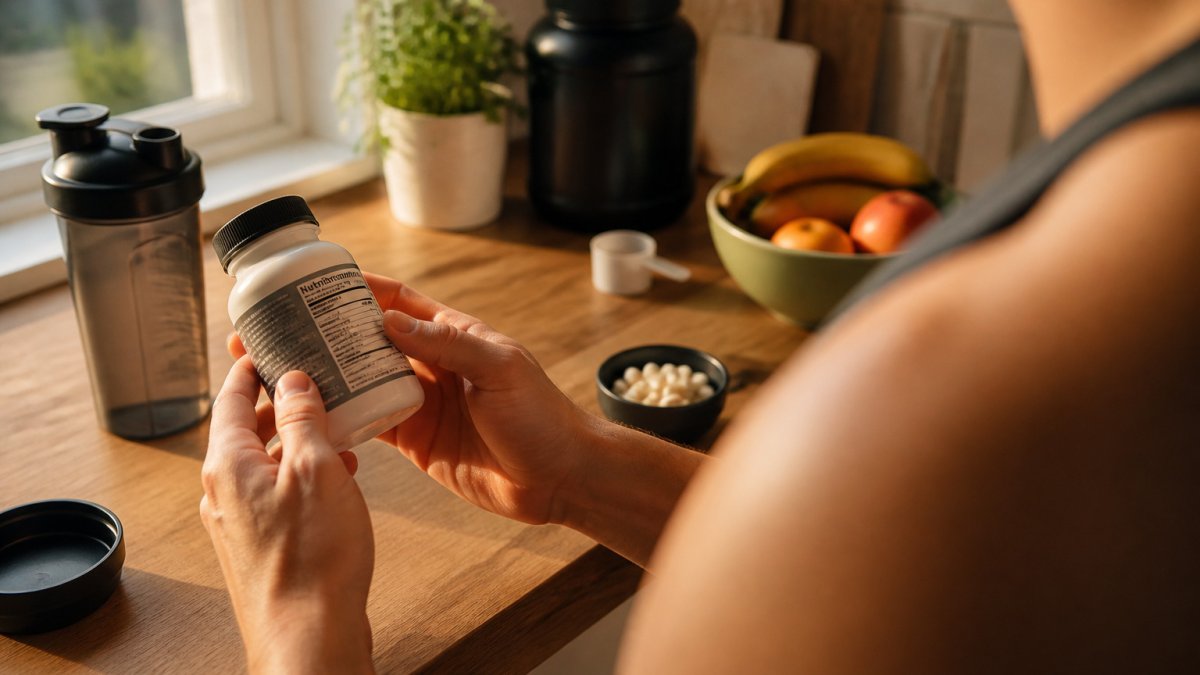 Hands reading a supplement bottle label on a wooden kitchen counter in morning light