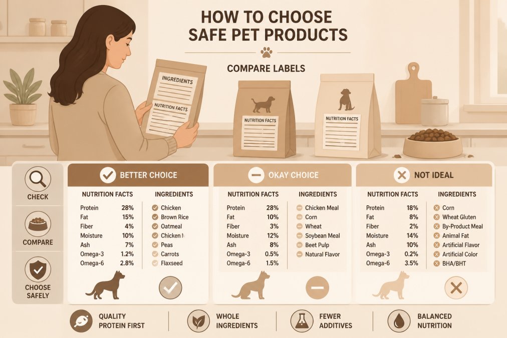 Pet owner carefully examining ingredient labels on different pet food bags in a bright kitchen, comparing nutrition facts and ingredient lists side by side