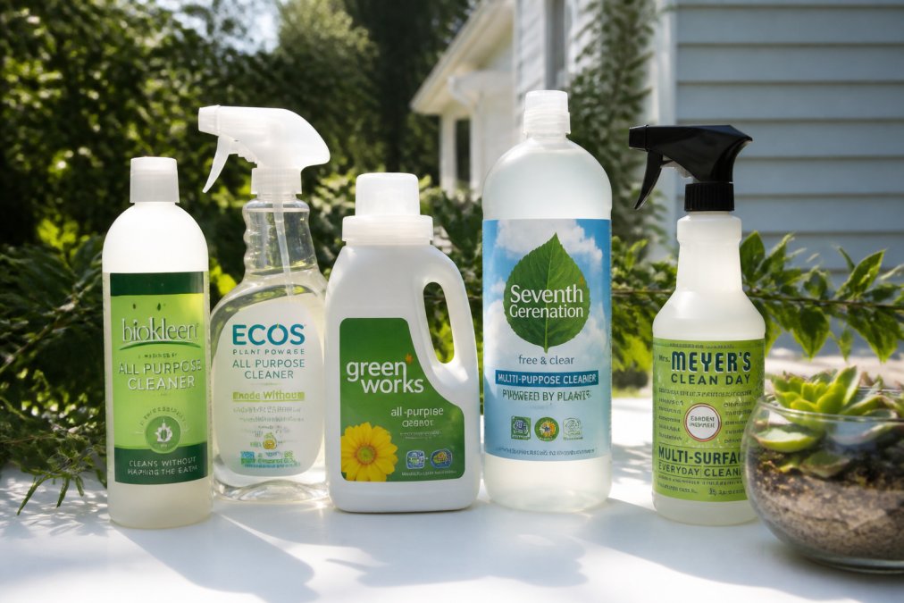 Array of eco-friendly exterior cleaning product bottles with clearly visible biodegradable and pet-safe certification labels, arranged on clean white surface with natural sunlight casting shadows