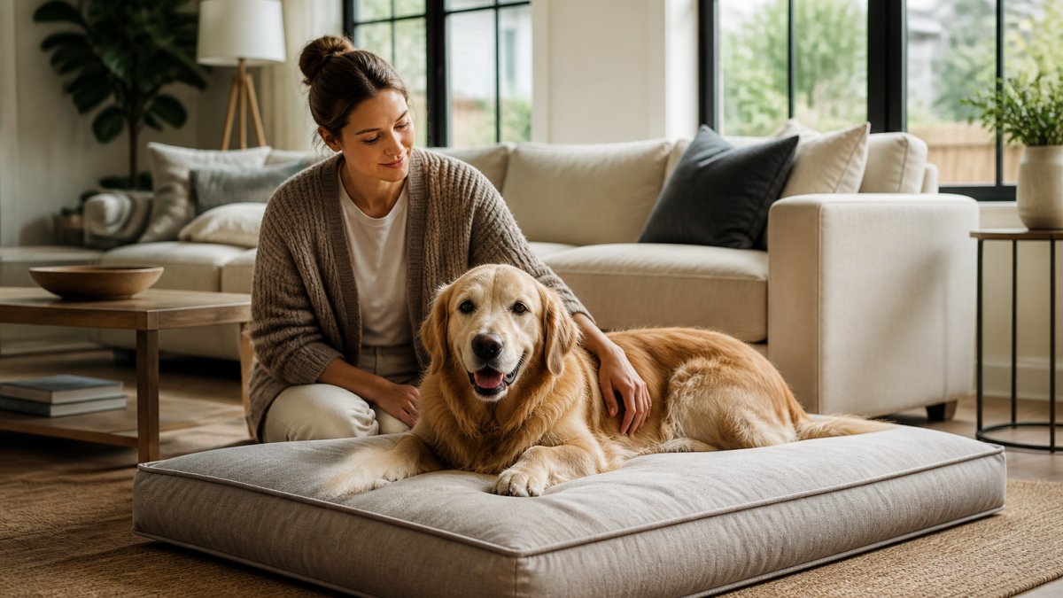 A large designer dog bed with a sleek, neutral fabric placed in a bright living room next to a modern sofa, a golden retriever lying comfortably on it, soft afternoon light through tall windows