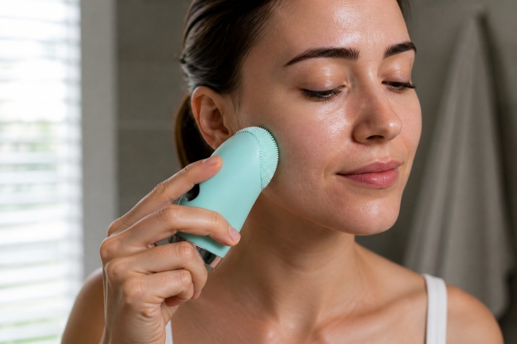 Close-up of a person using a sonic facial cleansing brush on their face, showing soft silicone bristles gently in contact with skin, natural morning light highlighting the brush technique and clean skin texture