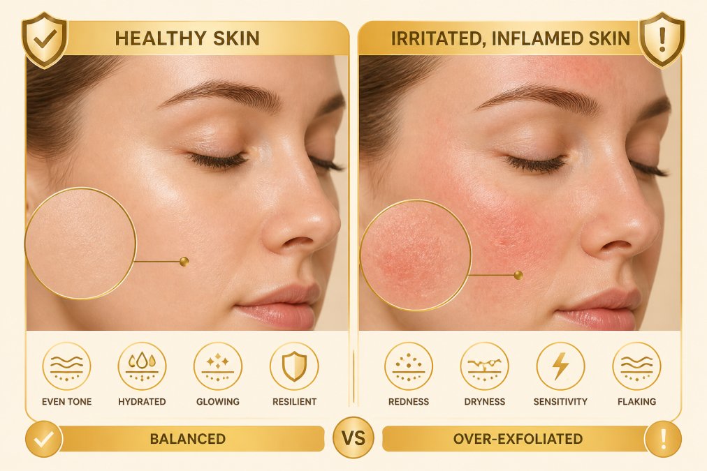 Close-up comparison of healthy skin versus irritated, inflamed skin on a person's face, showing visible redness and sensitivity around the cheeks and forehead area, natural lighting revealing texture differences