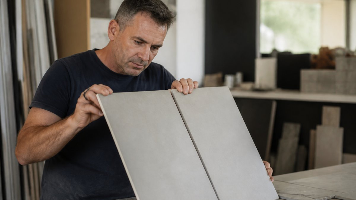 Close-up of a person's hands tilting two large porcelain tiles edge to edge under bright light, inspecting the surface and straightness on a workbench