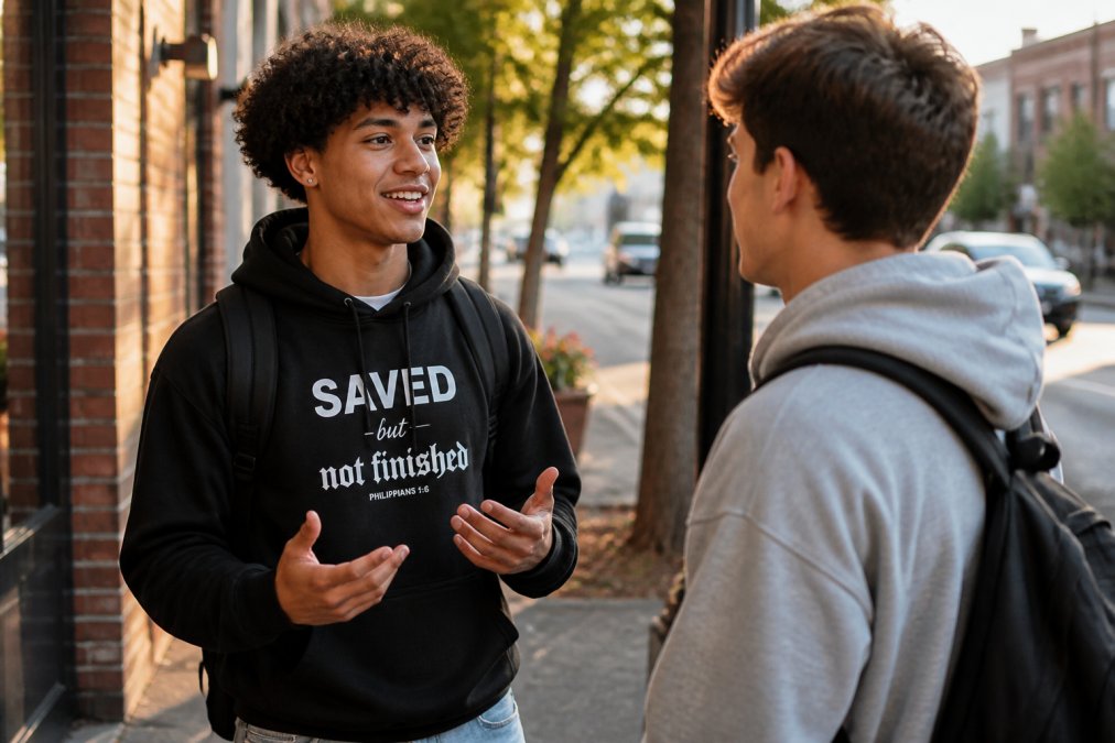 Two young adults in casual streetwear having an animated conversation outdoors, one wearing a bold faith-based hoodie with a scripture-based message visible on the chest, warm afternoon sunlight, urban sidewalk setting