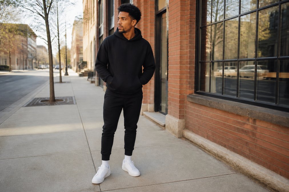 A young man styled in a dark faith-based pullover hoodie, slim jogger pants, and clean white sneakers, standing on an urban sidewalk with natural morning light, relaxed confident posture