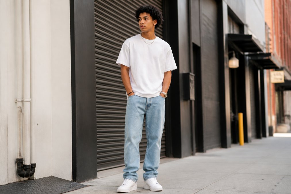 Young adult wearing a faith-based tee styled casually with jeans and sneakers, standing in an urban streetwear setting, looking confident and approachable