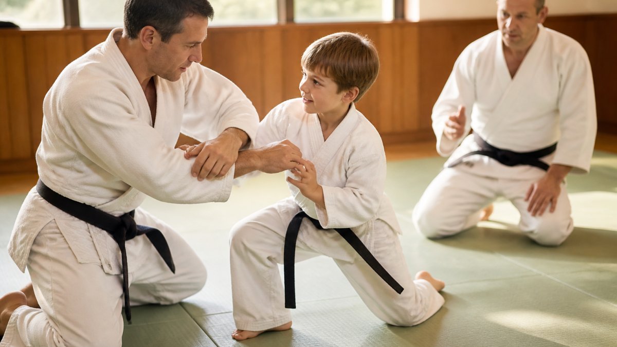 Parent and child practicing a technique together during a family martial arts class in a sunny dojo.