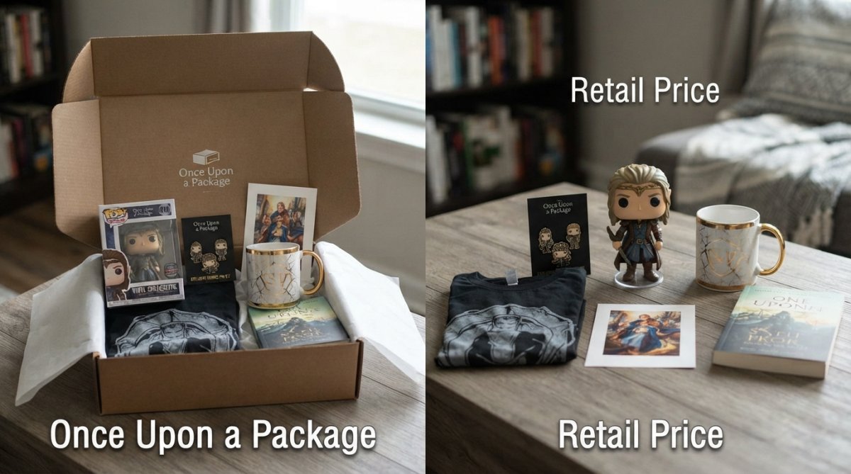 Close-up of an open subscription box displaying curated fandom merchandise items with collectible figures, themed accessories, and exclusive items arranged on a neutral background