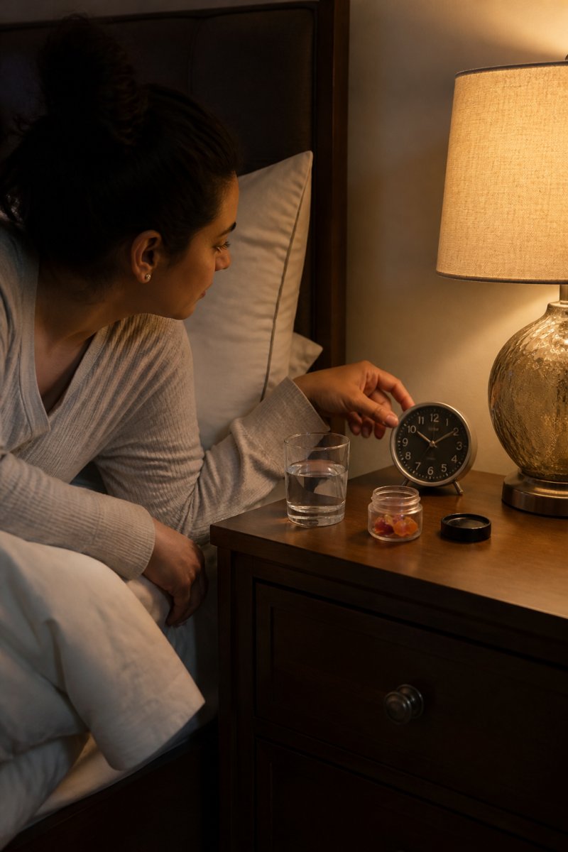 A person in a dimly lit bedroom checking a small clock on a nightstand beside a glass of water and a small gummy container, soft warm lamp light, calm evening atmosphere