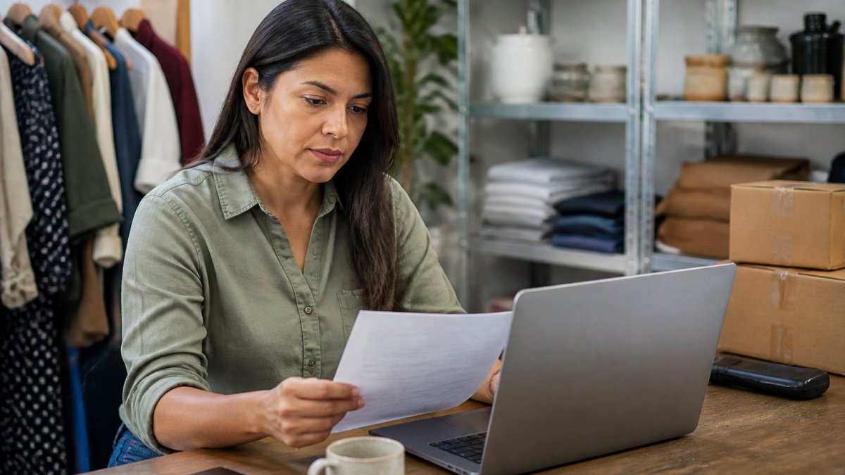 Small business owner reviewing documents on a laptop while applying for fast business term loans in a retail office.
