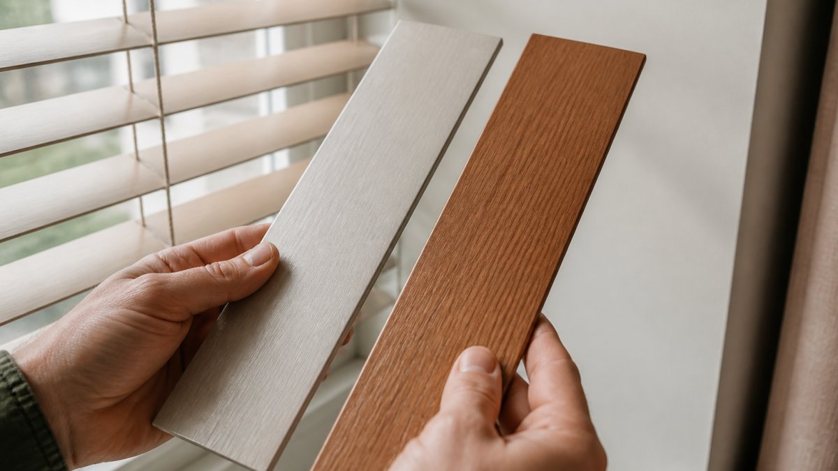 A close-up photograph of two hands holding a single faux wood blind slat next to a real wood slat, showing the wood-like finish and texture difference in natural window light