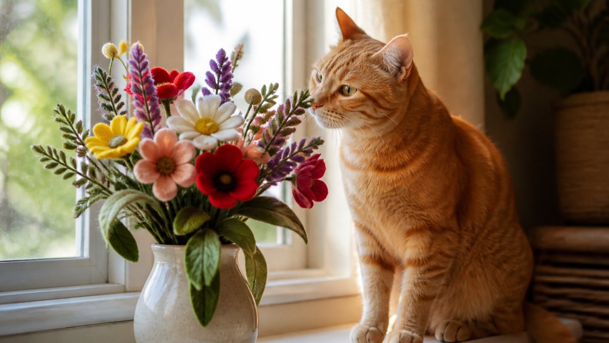 A close-up photograph of a cat sitting on a windowsill next to a handcrafted felt flower arrangement in a ceramic vase, with the cat looking curiously at the flowers, soft natural light filling a cozy living room