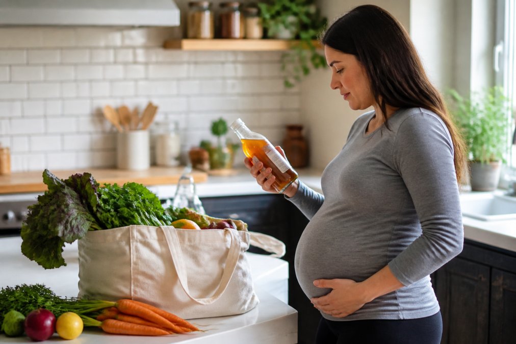 A pregnant woman in a bright kitchen reading the nutrition label on a glass bottle of kombucha, with a bag of fresh farmers market produce on the counter nearby