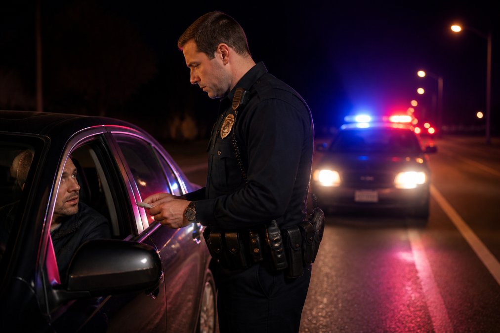 Police officer conducting a traffic stop at night, with vehicle pulled to the side of the road and emergency lights visible in the background