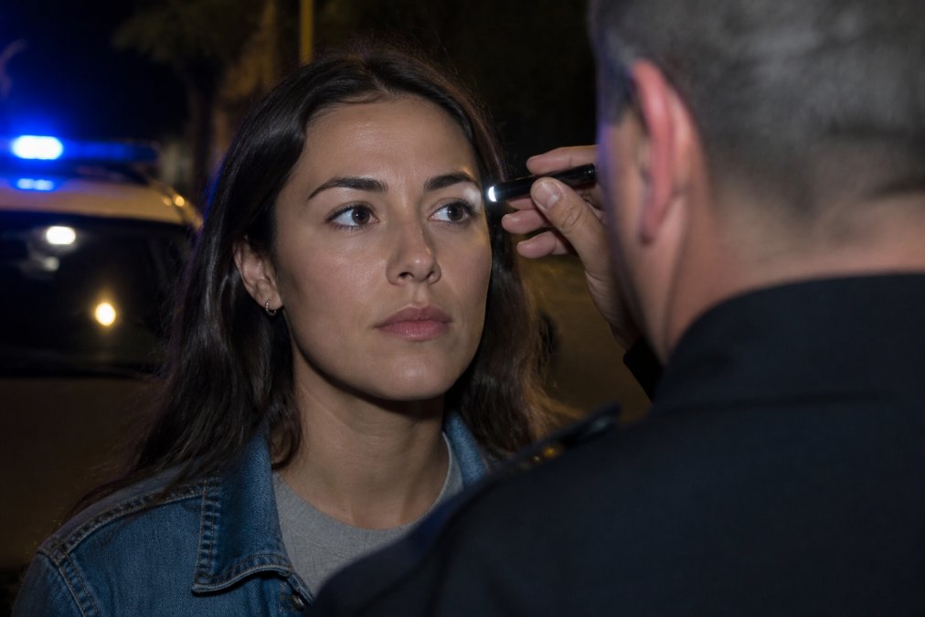 Close-up of a person's face during a horizontal gaze nystagmus test, showing the eye movement assessment with officer's pen light visible