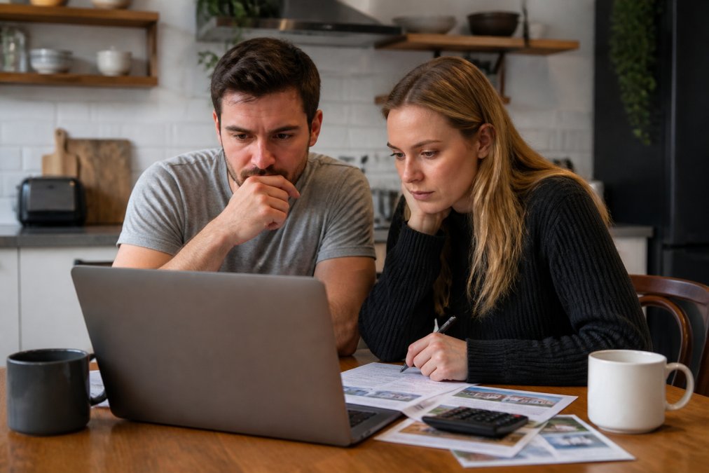 Couple reviewing property price caps for first home buyer schemes on a laptop with budget calculation tools